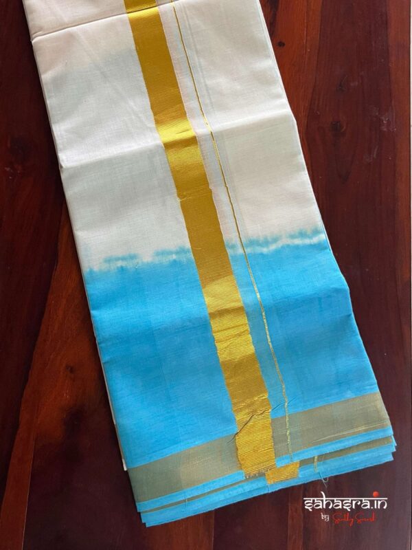 Blue Tie & Dye Premium Kasavu  Mundu/Dhoti-(DT04) - Image 2