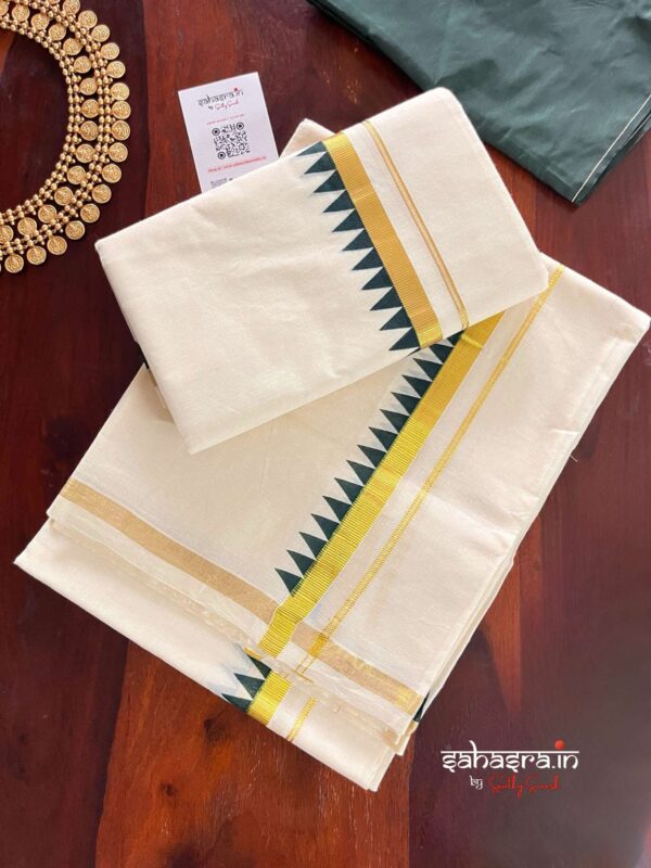 Green Temple Border Premium kasavu Set Mundu (Mundum Neriyathum)-KSM01 - Image 4
