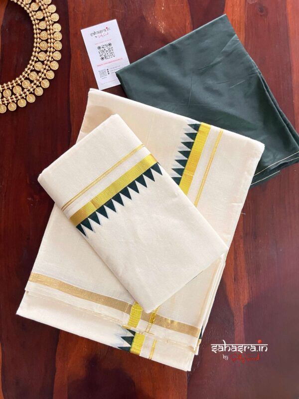 Green Temple Border Premium kasavu Set Mundu (Mundum Neriyathum)-KSM01
