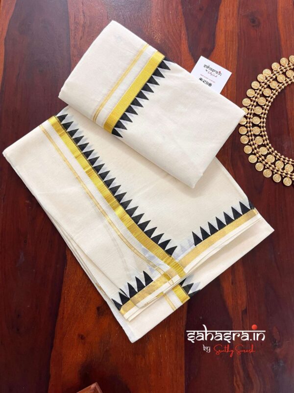 Black Temple Border Premium kasavu Set Mundu (Mundum Neriyathum)-KSM02 - Image 2