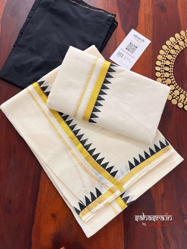 Black Temple Border Premium kasavu Set Mundu (Mundum Neriyathum)-KSM02