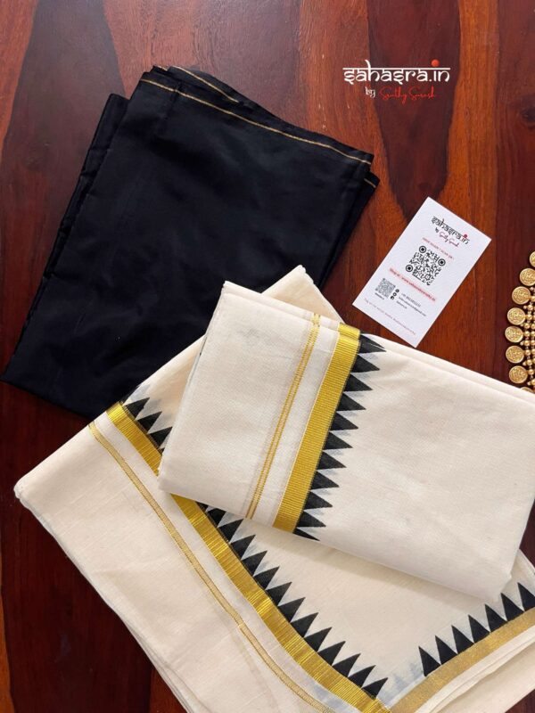 Black Temple Border Premium kasavu Set Mundu (Mundum Neriyathum)-KSM02 - Image 3