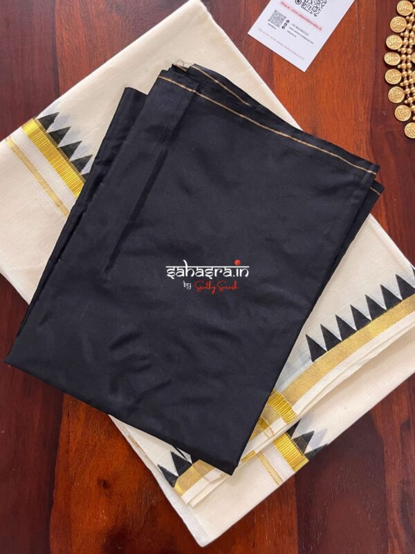 Black Temple Border Premium kasavu Set Mundu (Mundum Neriyathum)-KSM02 - Image 4