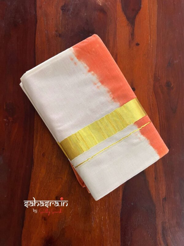 Orange Tie & Dye Premium Kasavu  Mundu/Dhoti-(DT03) - Image 2