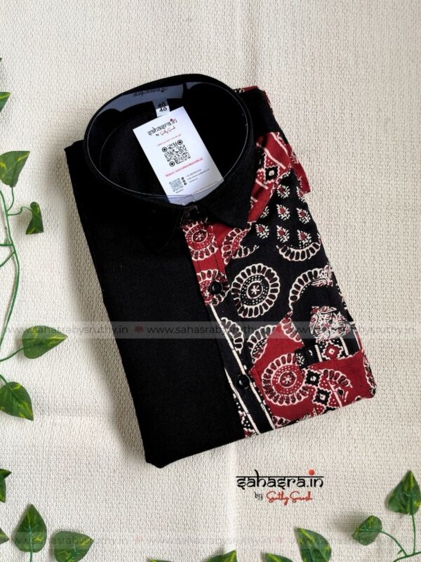 Half Ajrakh & Pure Cotton Full-Sleeve Shirt For Men- SRT12