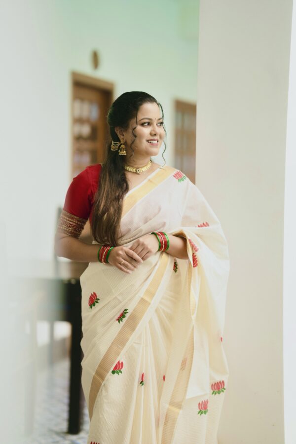 Kerala Kasavu Saree with lotus print -(lotus12)