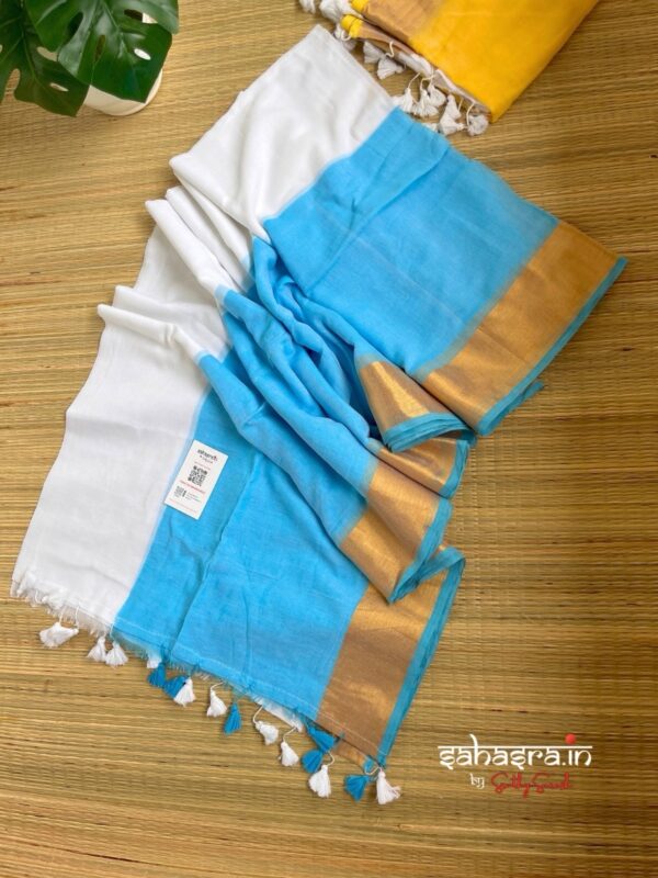 Charu : Blue Mul Cotton Saree - (CHARU10B) - Image 3