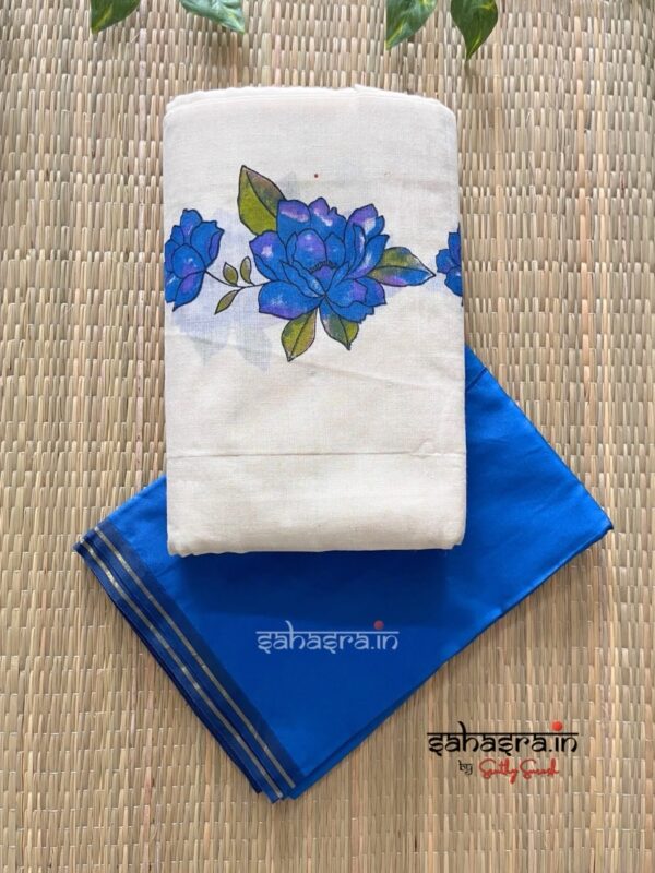 Blue Floral Printed Pure Cotton Set Mundu : (BSM05) - Image 6
