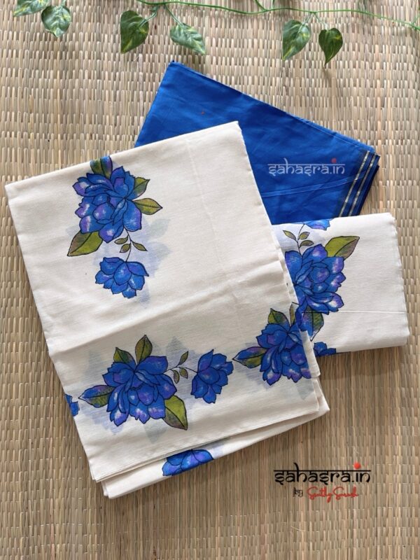 Blue Floral Printed Pure Cotton Set Mundu : (BSM05) - Image 5
