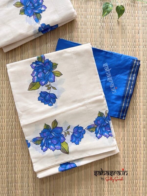 Blue Floral Printed Pure Cotton Set Mundu : (BSM05) - Image 3