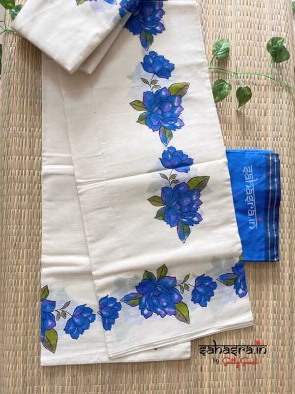 Blue Floral Printed Pure Cotton Set Mundu : (BSM05)