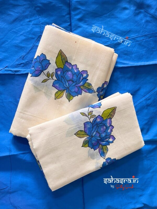 Blue Floral Printed Pure Cotton Set Mundu : (BSM05) - Image 2