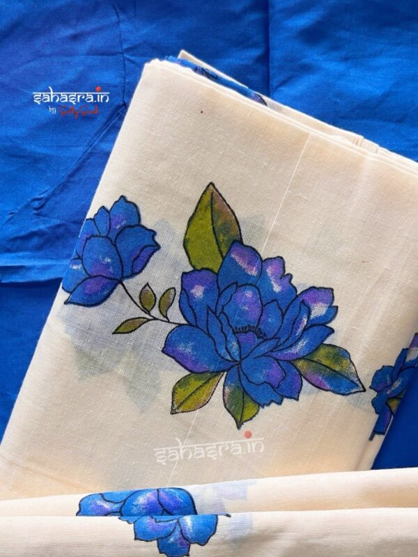 Blue Floral Printed Pure Cotton Set Mundu : (BSM05) - Image 4