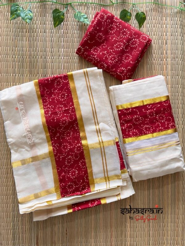 Kerala Cotton Set Mund with Blouse Piece-SM03 - Image 2