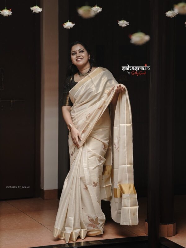 'Golden Leaves' Kerala Tissue Cotton Saree -KTS05 - Image 3