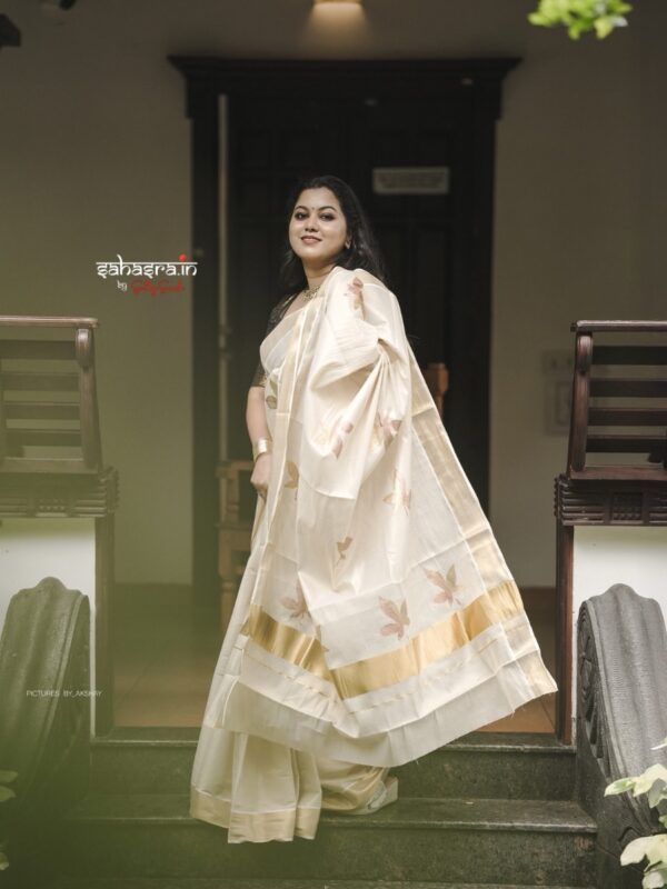 'Golden Leaves' Kerala Tissue Cotton Saree -KTS05 - Image 4