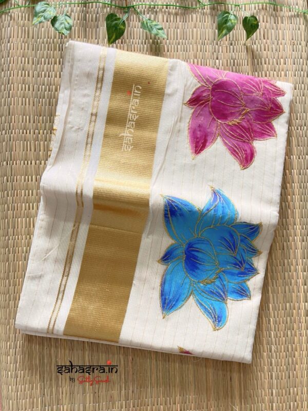 lotus printed Kerala Cotton Saree with stripes-(lotus03) - Image 3