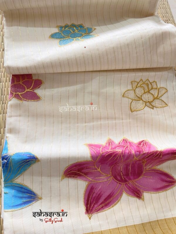 lotus printed Kerala Cotton Saree with stripes-(lotus03) - Image 6