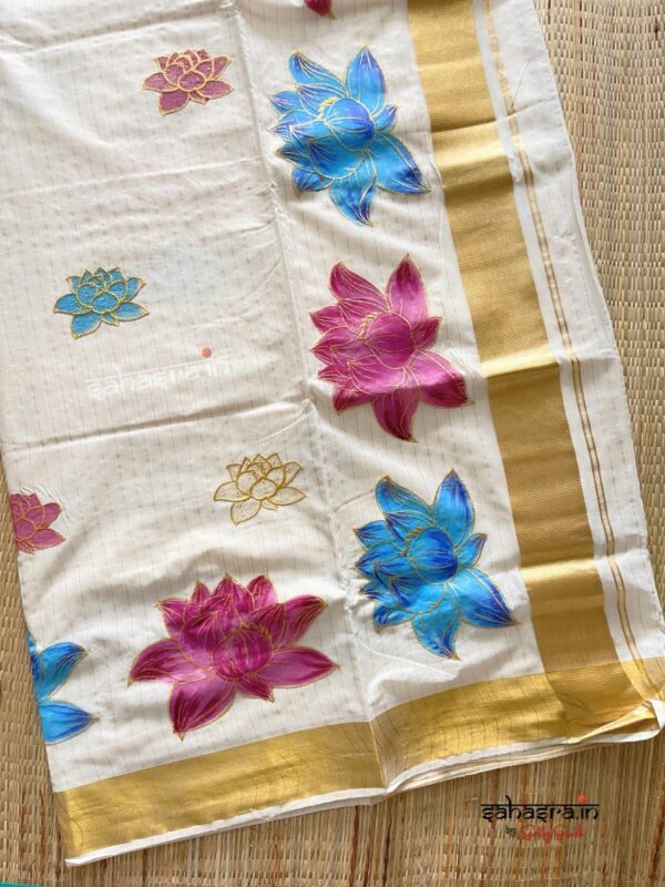 lotus printed Kerala Cotton Saree with stripes-(lotus03)