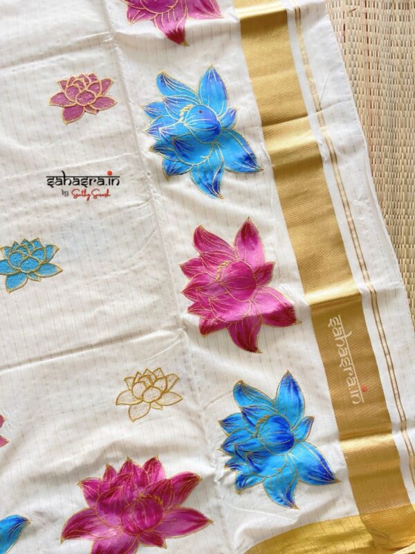 lotus printed Kerala Cotton Saree with stripes-(lotus03) - Image 7