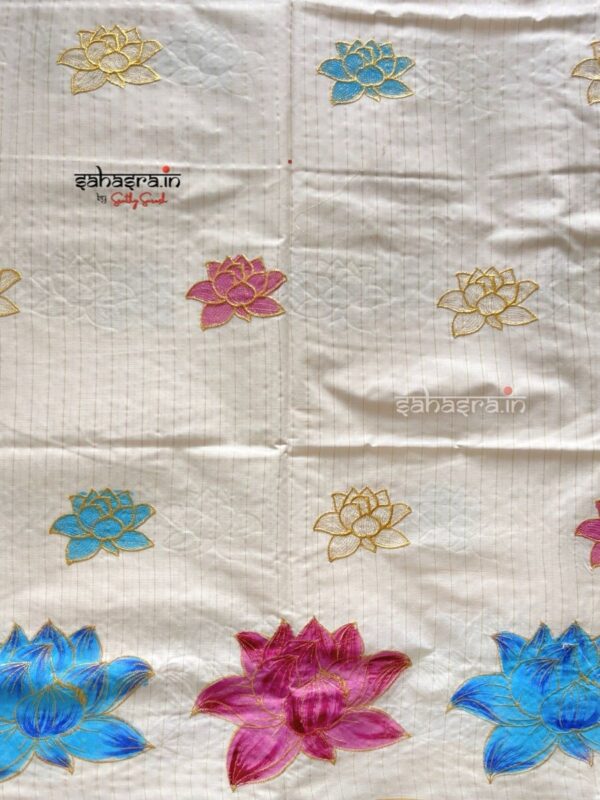 lotus printed Kerala Cotton Saree with stripes-(lotus03) - Image 2