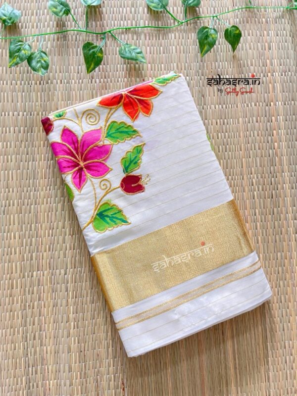 Floral Kerala Cotton Saree with stripes-KFS02 - Image 5