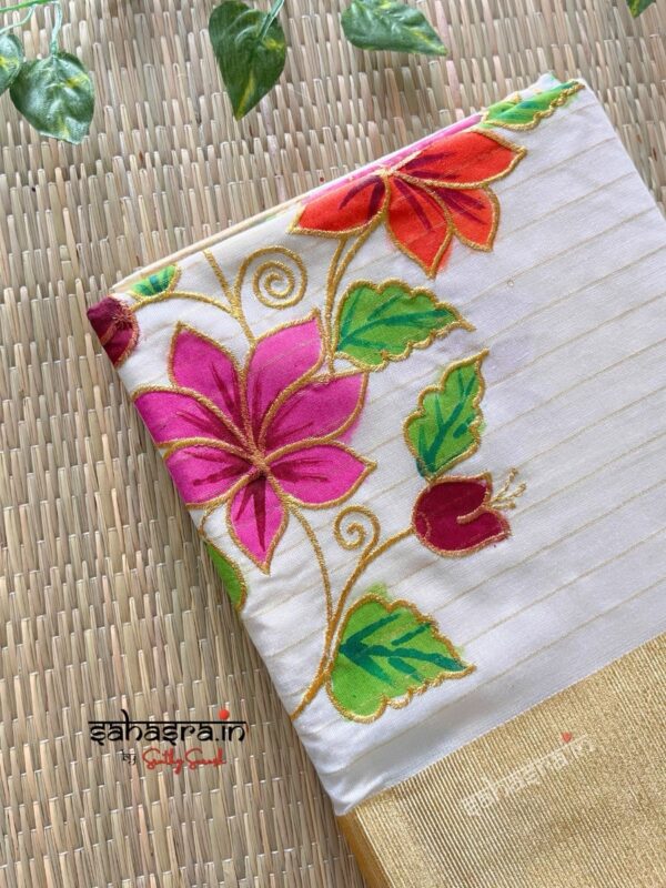 Floral Kerala Cotton Saree with stripes-KFS02 - Image 3