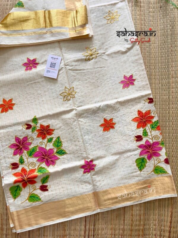 Floral Kerala Cotton Saree with stripes-KFS02 - Image 2