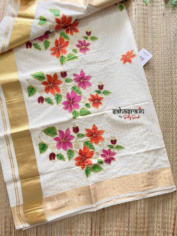 Floral Kerala Cotton Saree with stripes-KFS02 - Image 4