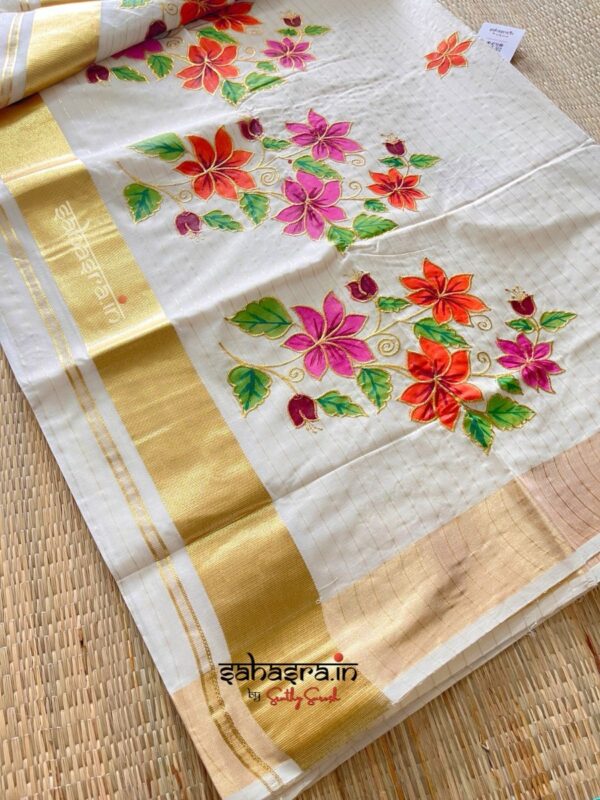 Floral Kerala Cotton Saree with stripes-KFS02