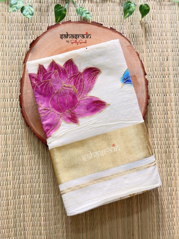 lotus printed Kerala Cotton Saree with stripes-(lotus03) - Image 5