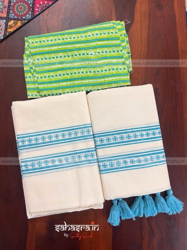Kerala Set Mund with Printed Blouse Piece-(SAH01) - Image 6