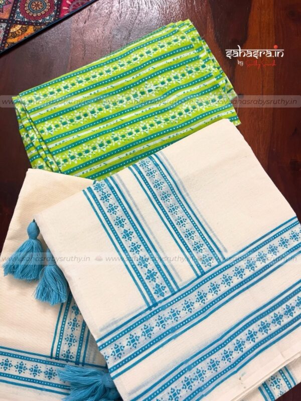 Kerala Set Mund with Printed Blouse Piece-(SAH01) - Image 8