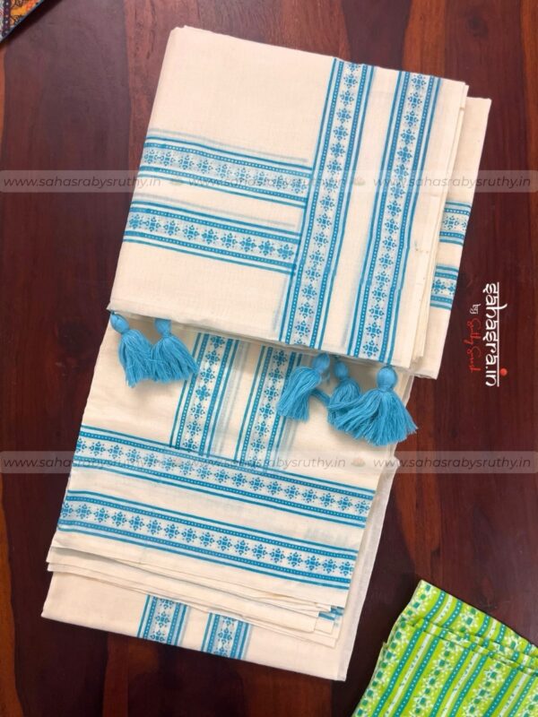Kerala Set Mund with Printed Blouse Piece-(SAH01) - Image 3