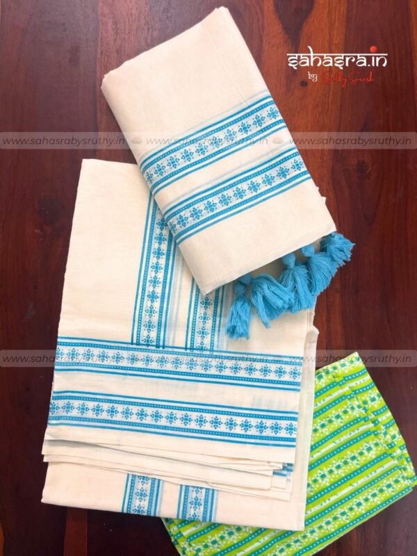Kerala Set Mund with Printed Blouse Piece-(SAH01) - Image 5