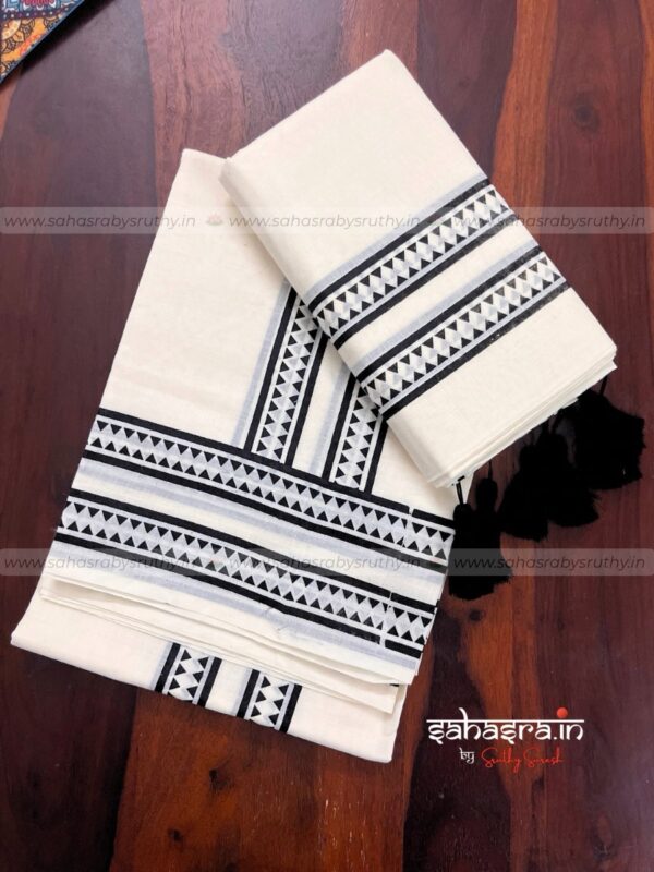 Black Kerala Set Mund with Printed Blouse Piece-(SAH02) - Image 2