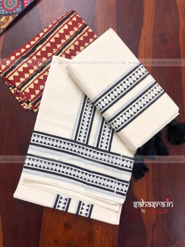 Black Kerala Set Mund with Printed Blouse Piece-(SAH02)