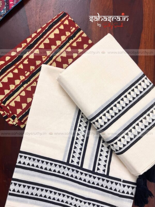 Black Kerala Set Mund with Printed Blouse Piece-(SAH02) - Image 3
