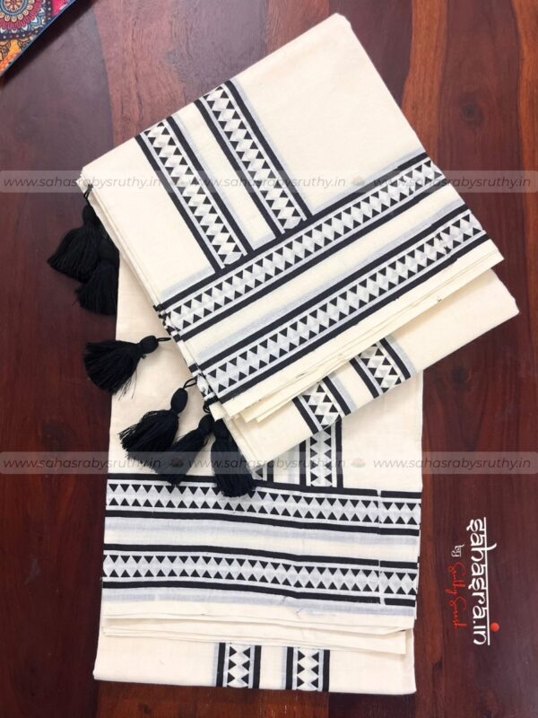 Black Kerala Set Mund with Printed Blouse Piece-(SAH02) - Image 5