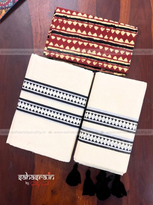 Black Kerala Set Mund with Printed Blouse Piece-(SAH02) - Image 4