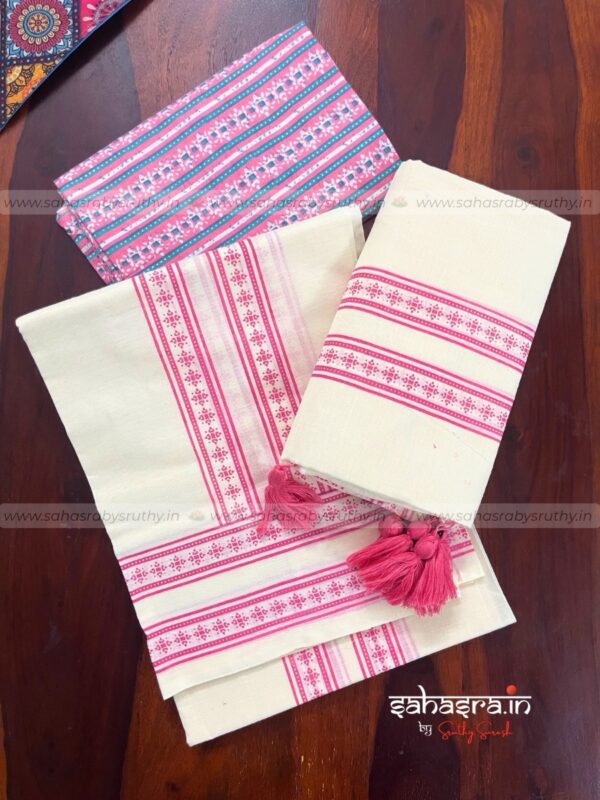 Kerala Set Mund with Printed Blouse Piece-(SAH03)