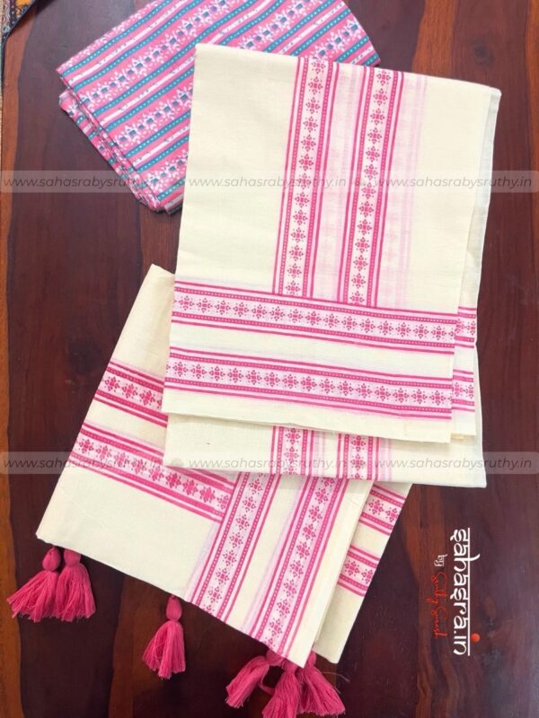 Kerala Set Mund with Printed Blouse Piece-(SAH03) - Image 6