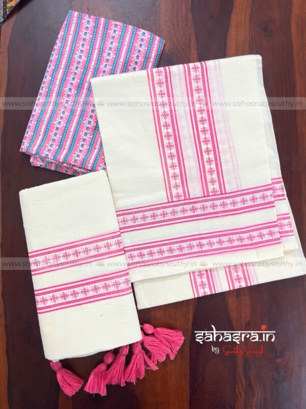 Kerala Set Mund with Printed Blouse Piece-(SAH03) - Image 3