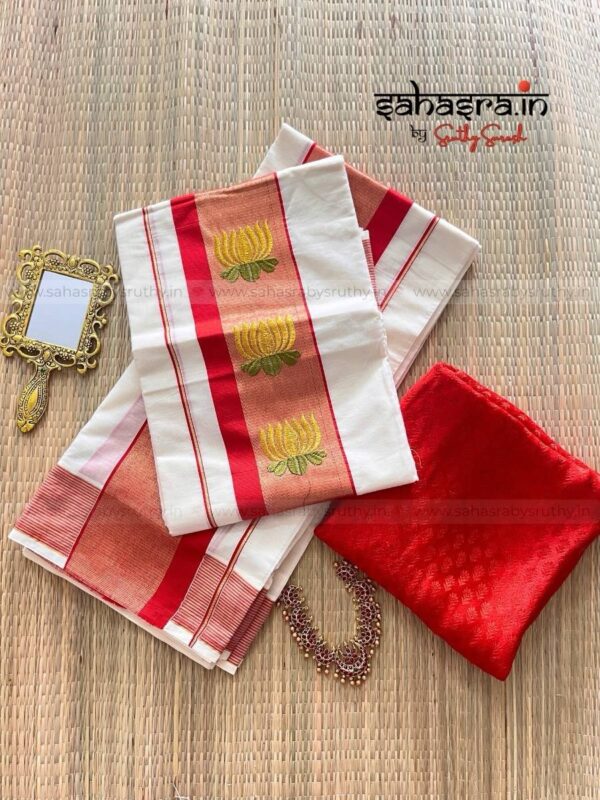 Kamalam – Kerala Set Mund with Golden Lotus Embroidery : (KSM01) - Image 6
