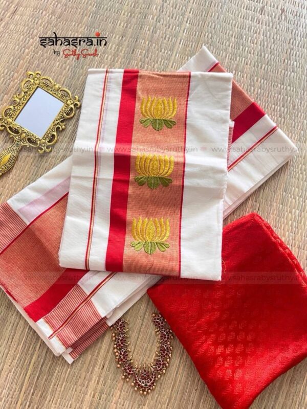 Kamalam – Kerala Set Mund with Golden Lotus Embroidery : (KSM01) - Image 2