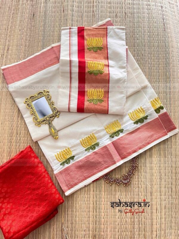 Kamalam – Kerala Set Mund with Golden Lotus Embroidery : (KSM01) - Image 4