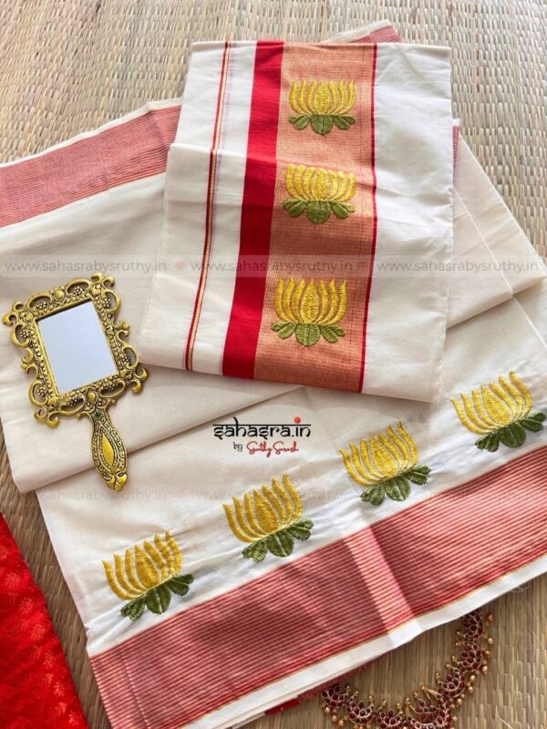 Kamalam – Kerala Set Mund with Golden Lotus Embroidery : (KSM01) - Image 7