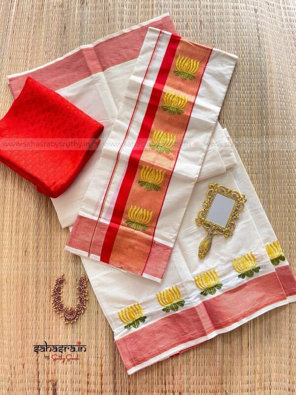 Kamalam – Kerala Set Mund with Golden Lotus Embroidery : (KSM01)