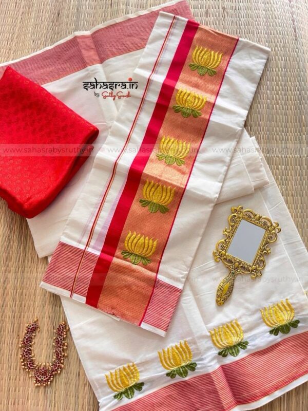 Kamalam – Kerala Set Mund with Golden Lotus Embroidery : (KSM01) - Image 8