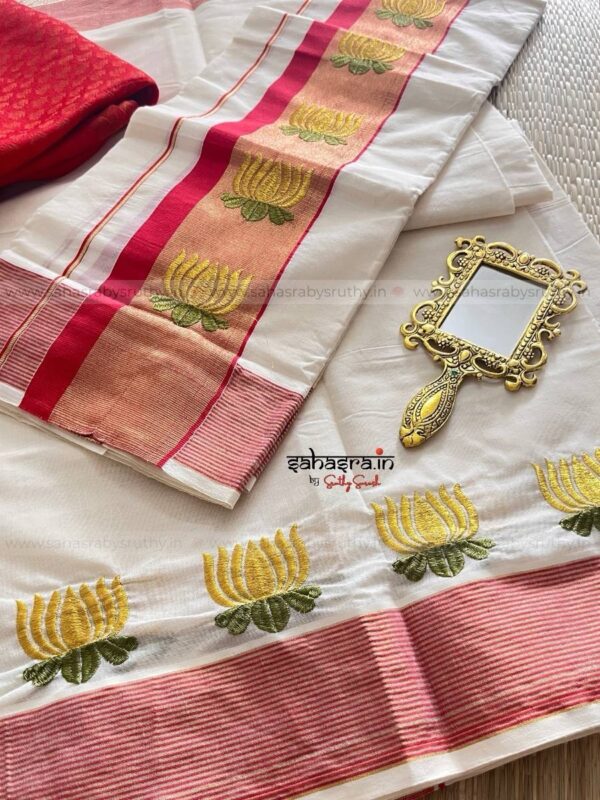 Kamalam – Kerala Set Mund with Golden Lotus Embroidery : (KSM01) - Image 5
